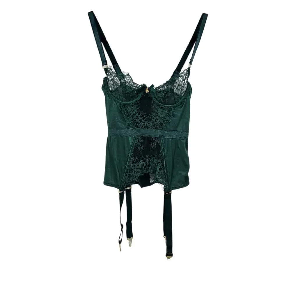 NWOT Seven ‘Til Midnight Green Satin & Lace Bustier with Garter Straps Size S
